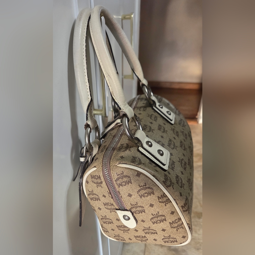 MCM Brown Monogram Satchel with Cream Trim - Picture 5 of 15
